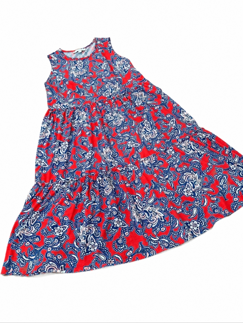 Emma & Michele Women’s Red Blue Paisley Sleeveless Tiered Maxi Dress Boho  1X